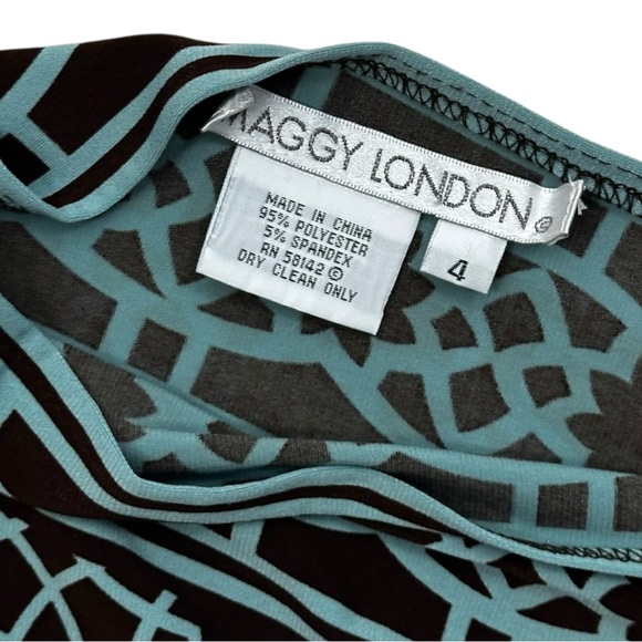 Maggy London Dark Brown & Aqua Print V-neck Midi Dress - Picture 2 of 5